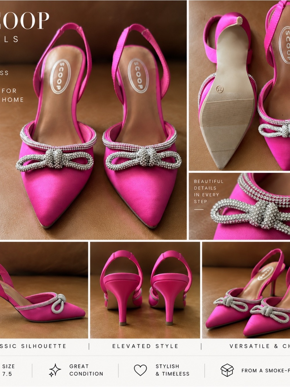 Pink Satin Pointed-Toe Slingback Heels with Crystal Bow